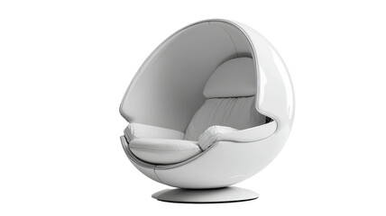 Sleek, white, egg-shaped swivel chair with cushioned seating