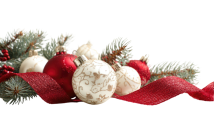 Red/white ornaments & evergreen, red ribbon adorn festive setting