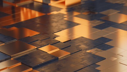 Abstract urban landscape in tech-art style: golden cubes and black grids