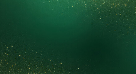 Elegant Green Gradient Background with Golden Glitter Particles and Shimmering Bokeh Effect