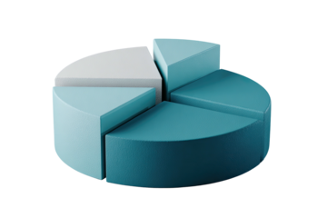 3D blue pie chart with a white slice isolated on black