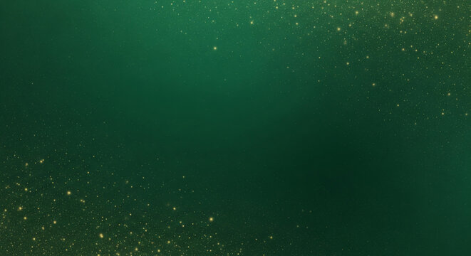 Elegant Green Gradient Background with Golden Glitter Particles and Shimmering Bokeh Effect