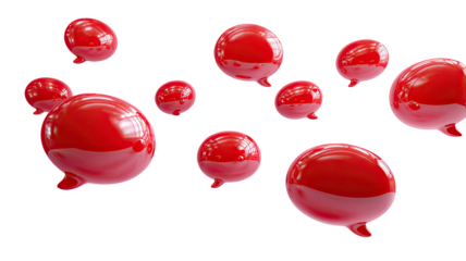 Floating, shiny red speech bubbles on a stark black background