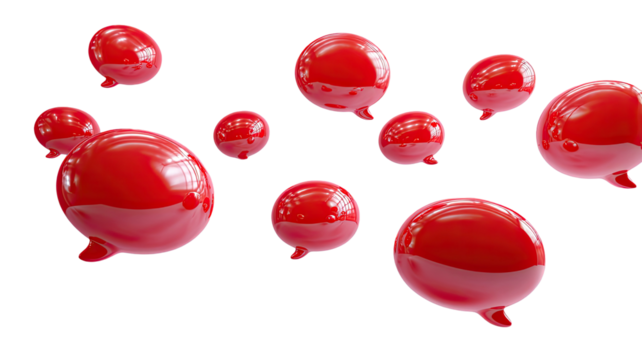 Floating, shiny red speech bubbles on a stark black background - Powered by Adobe