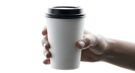 Hand holding a white disposable coffee cup with a black lid, isolated on white background