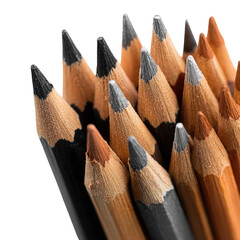 Close-up of sharpened pencils with graphite tips against black backdrop