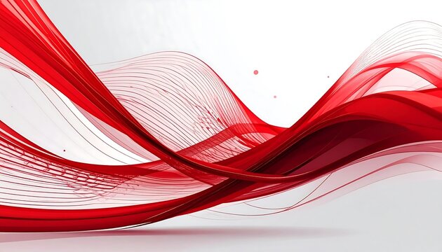 Abstract, flowing crimson ribbons cascade and swirl against a white backdrop, creating a sense of movement and energy