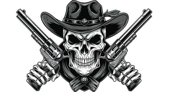Gritty outlaw skeleton with revolvers wearing a cool cowboy hat for edgy graphic designs