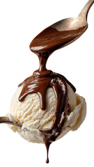 Ice cream scoop getting drizzled with rich chocolate sauce