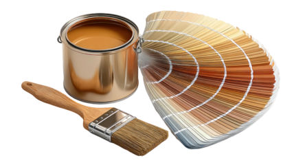 Paint can, swatch fan, and brush show warm, earthy, beige colors