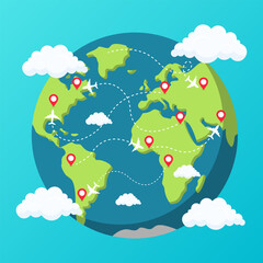 world traffic airplane destination point cloudy sunshine time to travel around the world vector illustration