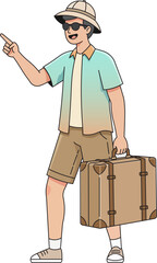 traveling man is pointing forward carrying a suitcase isolated character vector illustration