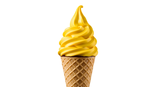 Delicious yellow soft serve ice cream cone on a white background