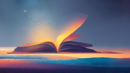 Digital illustration of an open book with glowing, turning pages, symbolize storytelling, knowledge, or the power of reading. Blue dreamy background, enchanted and magical book