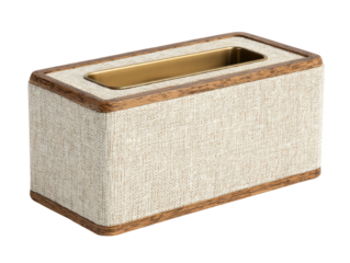 Neutral linen tissue box with wooden trim and golden insert