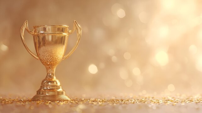 Bright trophy on golden shimmering background. Warm cinematic epic atmosphere wallpaper. Concept for winning, award, competition, victory. Copy space for text and design