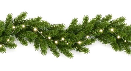 Wavy seamless horizontal Christmas garland of lush green fir branches with bright lights and sparkles. Perfect festive decoration border for holiday designs. Transparent background