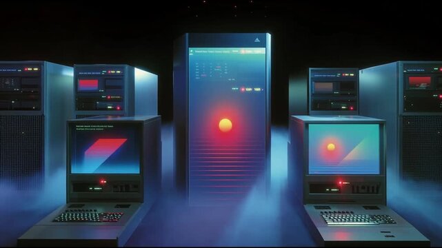 Massive dataset big data processing. Machine learning. Cloud storage. Analytics. Futuristic computer setup with glowing screens and atmospheric fog