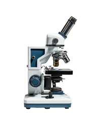 Microscope's side view showing lenses, focus knobs on a black backdrop