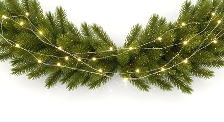 Wavy seamless horizontal Christmas garland of lush green fir branches with bright lights and sparkles. Perfect festive decoration border for holiday designs. Transparent background