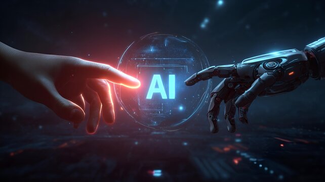 Human hand and a robotic hand reaching out toward each other on holographic data background, cyberpunk environment. Glowing fingers. Futuristic digital concept of artificial intelligence