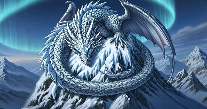 Majestic white dragon coiled atop a snowy mountain under an aurora-filled sky