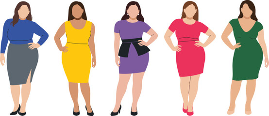 Stylized Women in Colorful Dresses, Fashion Diversity Vector Illustration Featuring Outfit Variety, Body Positivity, and Style Options for Apparel Design
