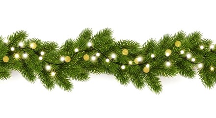 Wavy seamless horizontal Christmas garland of lush green fir branches with bright lights and sparkles. Perfect festive decoration border for holiday designs. Transparent background