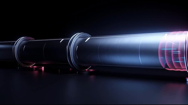 Massive dataset big data processing. Machine learning. Cloud storage. Analytics. A futuristic metallic pipe emitting colorful light effects.
