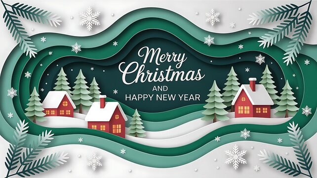 Green Merry christmas and happy new year greeting card banner paper art style with snowy winter landscape red village and forest scene created with generative ai
