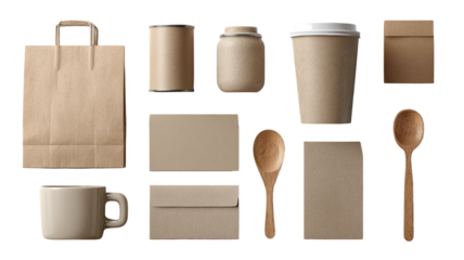 Various brown craft paper items bag, cup, jar, box, spoon, & mug