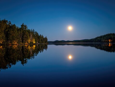 Serene lake scene at night, moon reflecting in still water