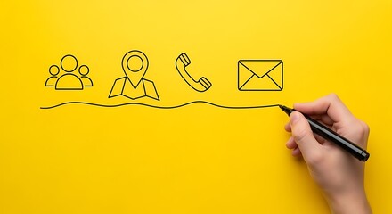 Hand drawing contact information icons on a yellow background surface
