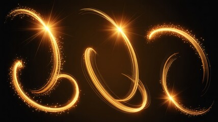 Golden light trails with sparkling particles illuminate dark background