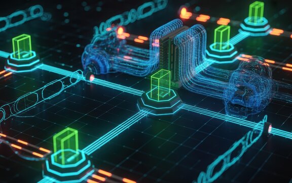 Abstract digital grid with data flowing through interconnected nodes representing network technology and secure data transfer within a blockchain system