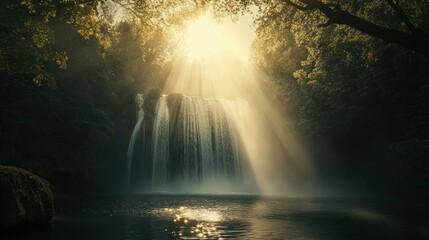 Backlit waterfall, sun creating a halo effect around the water's edge, silhouette of surrounding trees, ethereal feel