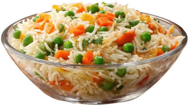 A clear bowl filled with rice carrots and peas on transparent background