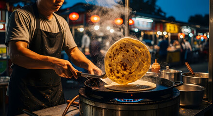Street food vendor cooking a large round flatbread on a hot griddle at night.