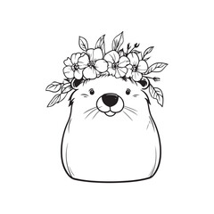 Cute Otter with Flower Crown – Adorable Animal Line Art Illustration