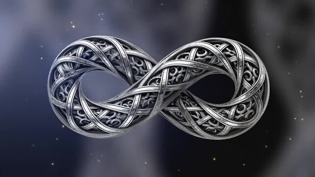 A detailed, ornate metallic infinity symbol with intricate Celtic knotwork patterns, floating against a dark, ethereal background with subtle light and star-like specks.