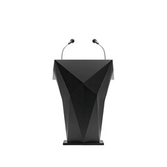 Geometric black podium with two microphones on a stark black background