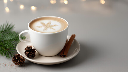 Warm cup of coffee with snowflake latte art, surrounded by pine branches, cinnamon sticks, and pine cones, creating a cozy winter atmosphere with holiday spirit
