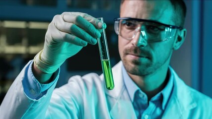 Scientist analyzing vibrant green liquid sample in laboratory, driving innovation and breakthrough research