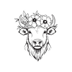 Floral Crown Bull Head &ndash; Cute Farm Animal Line Art Illustration