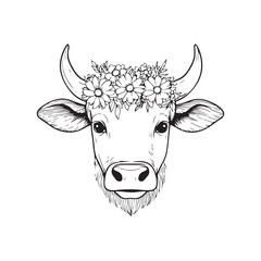 Cute Cow Face with Floral Crown – Black and White Line Art Illustration