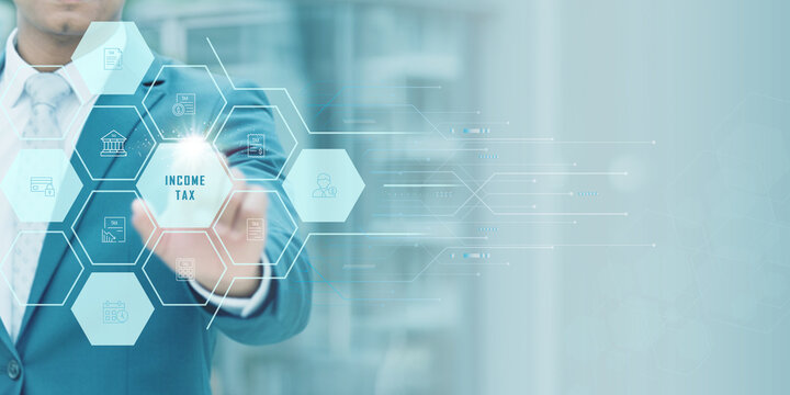 Income Tax and Financial Management — Businessman Using Digital Interface for Accounting, Tax Filing, Business Finance, Fiscal Planning and Smart Financial Decision-Making