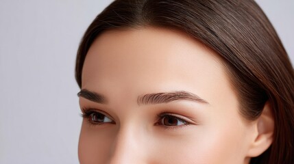 Obraz premium Close-Up of Beautiful Female Face Featuring Smooth Skin and Natural Makeup Showcasing Elegant Eyebrow Shape and Enchanting Eye Expression