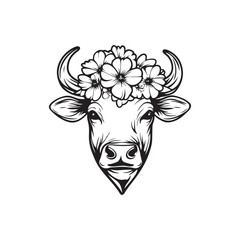 Cute Cow with Floral Crown – Black and White Line Art Illustration