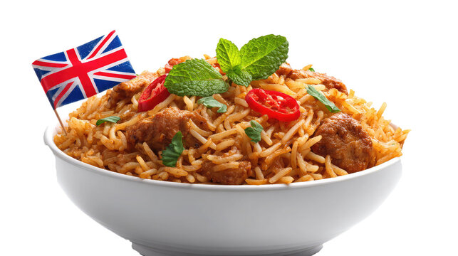Biryani Rice Bowl with British Flag Garnish on White Background