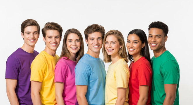 A group of seven young adults stand side by side on a white background, each wearing a brightly colored t-shirt, creating a vibrant and diverse display of unity.